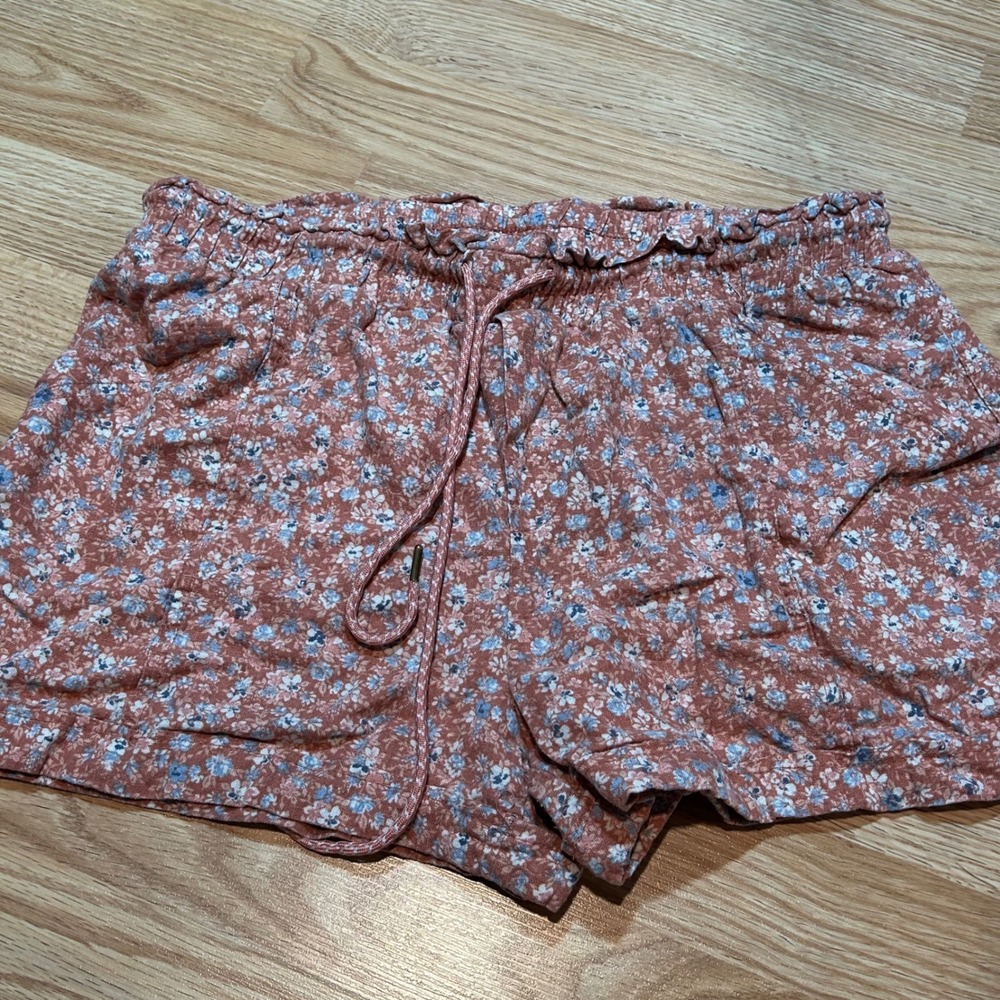 Rewind Womens XL Floral Linen Blend Paperbag Waist‎ Shorts Dusty Orange Blue